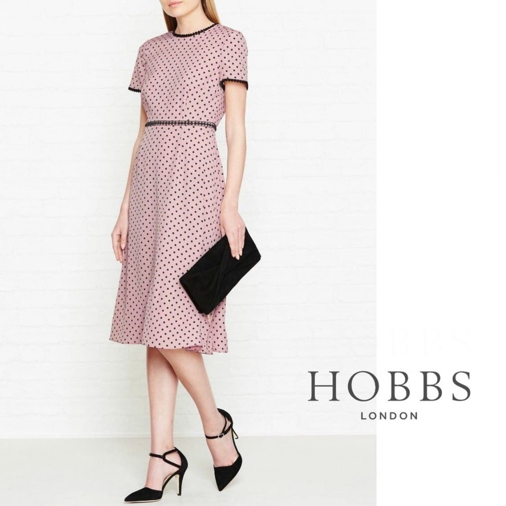 Hobbs of London Maria Pink Black Polka Dot Short Sleeve A Line Dress Size 12